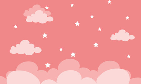 Cute pink background with clouds and stars. Vector cartoon illustration.のイラスト素材