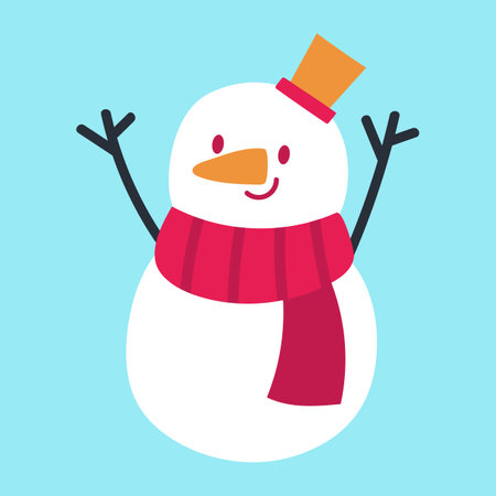 Snowman in a red scarf and hat. Vector illustration in flat style.のイラスト素材