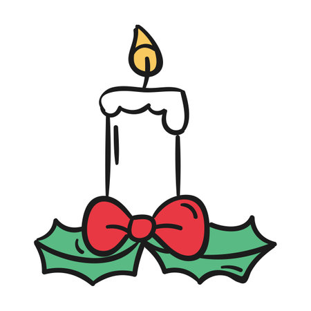 Christmas candle with holly berry and red bow. Vector illustration.のイラスト素材