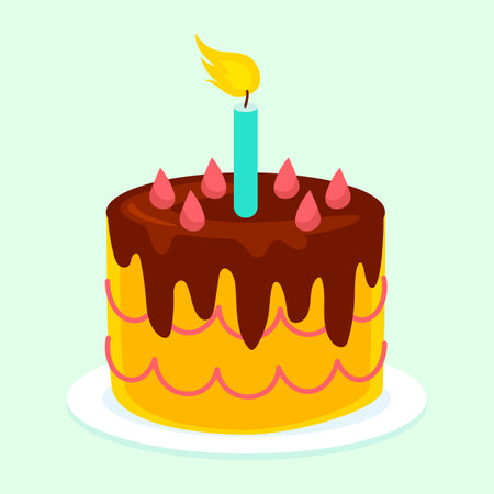 Birthday cake with burning candle. Vector illustration in flat style.