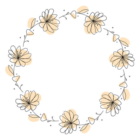 Round frame with flowers and leaves. Hand drawn vector illustration in doodle style.のイラスト素材
