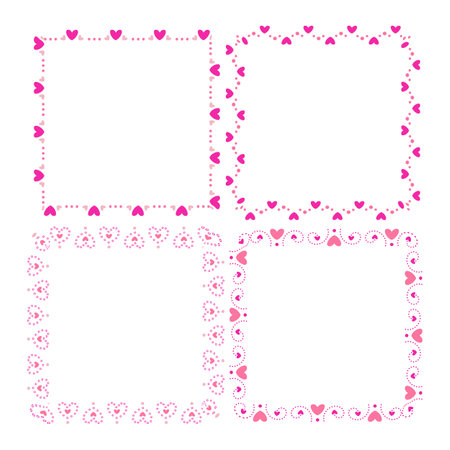 Set of four square frames with hearts and dots. Vector illustration.のイラスト素材