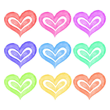 Set of colorful watercolor hearts on white background. Vector illustration.のイラスト素材