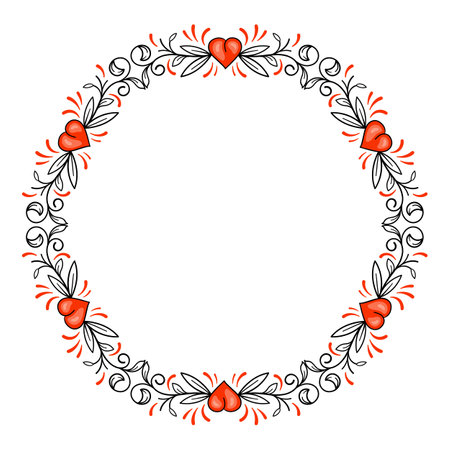 Round frame with red hearts and floral ornament. Vector clip art.のイラスト素材