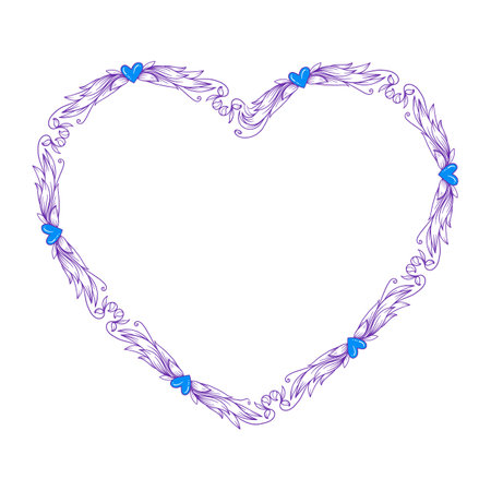 Illustration of floral heart frame with blue hearts on a white backgroundのイラスト素材