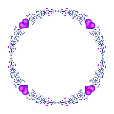 Beautiful round gradient frame with purple and violet hearts. Copy space. Vector clip art.のイラスト素材