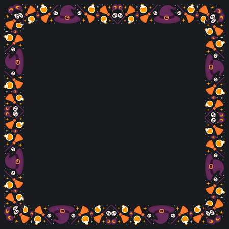 Illustration of Halloween frame with pumpkins and skulls on black backgroundのイラスト素材