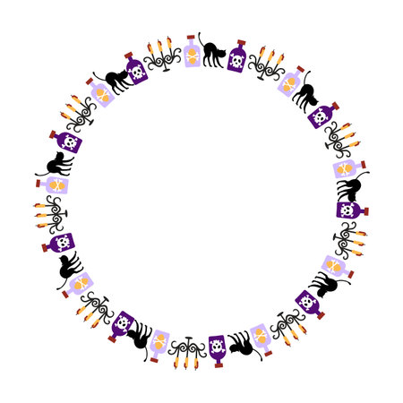 Circle frame with cats and candlesticks. Vector clip art.のイラスト素材