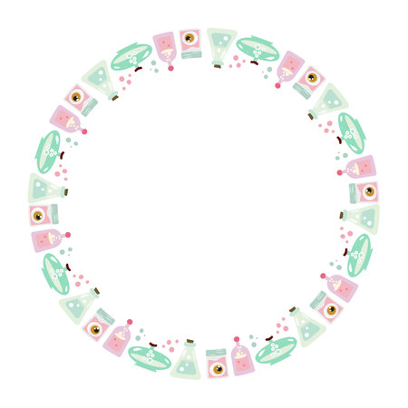 Round frame with a lot of cute hippie elements. Vector illustration.のイラスト素材