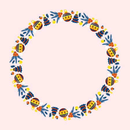 Hand drawn Christmas wreath with ornaments. Vector illustration.のイラスト素材