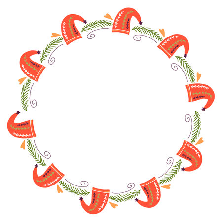 Christmas round frame with red and orange wreath. Copy space. Raster clip art.のイラスト素材