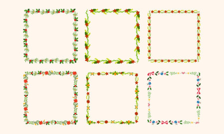 Set of floral frames with red flowers and leaves. Vector illustration.のイラスト素材