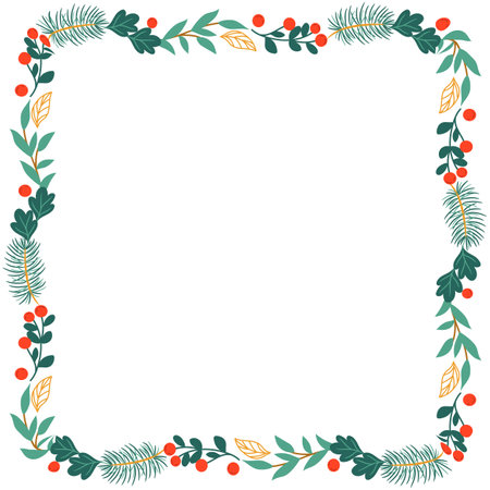 Christmas frame with fir branches and red berries. Vector clip art.のイラスト素材