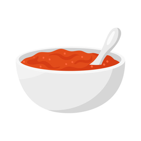Tomato sauce in a bowl with a spoon. Vector illustration.のイラスト素材