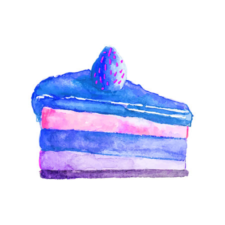 Watercolor drawing of a piece of cake on a white background.