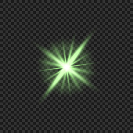 Green glowing light explodes on a transparent background. Sparkling magical dust particles. Bright Star. Transparent shining sun, bright flash. Vector sparkles. To center a bright flash.のイラスト素材