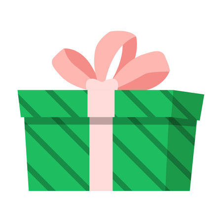 Green gift box with pink ribbon. Vector illustration in flat style.のイラスト素材