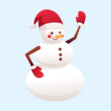 Snowman in red hat and mittens isolated on blue background. Vector illustration.のイラスト素材