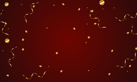 Streamers and confetti. Gold streamers tinsel and foil ribbons. Confetti on red background. Bewitching festive overlay template. Vertical vector background.のイラスト素材