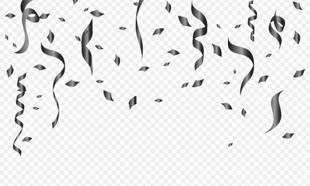 Silver Confetti Streamers Ribbons. Confetti Star Falling on Transparent Background. Party, Birthday Vector Template. Celebration Elements.のイラスト素材