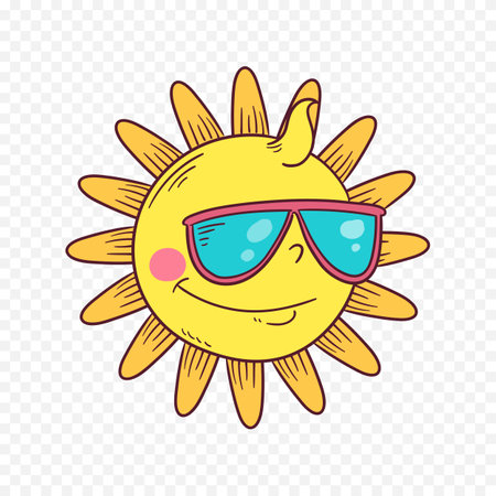 Cute cartoon sun with sunglasses isolated on transparent background. Vector illustration.のイラスト素材