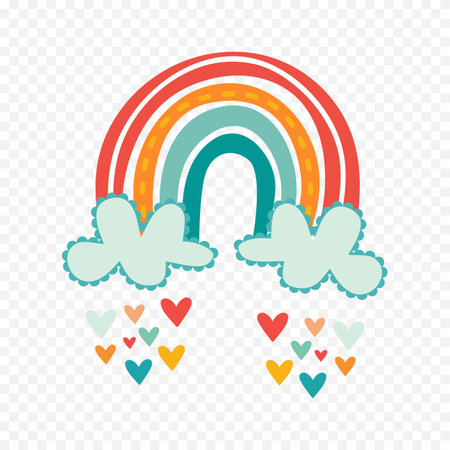 Rainbow and clouds with hearts. Vector illustration in flat style.のイラスト素材