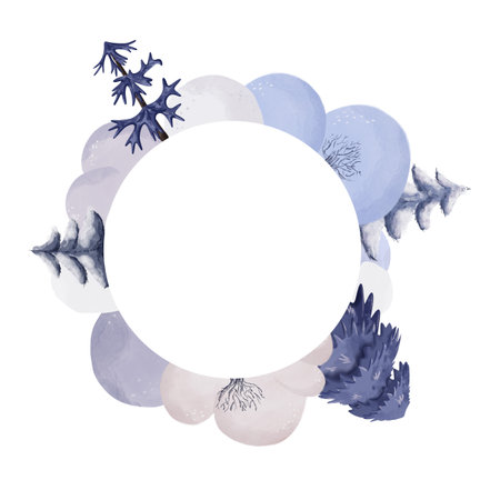 Hand-drawn digital illustration of a winter frame made of snowdrifts, pines, firs, and bare bushes. Soft watercolor textures create a cozy seasonal feel. Perfect for holiday cards, invitations, and winter designs.の写真素材
