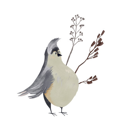 Watercolor composition with a cute gray bird with a crest and delicate grass. Hand-drawn digital illustration in a childrenâs style. Perfect for prints, postcards, patterns, and nature-themed designsの写真素材