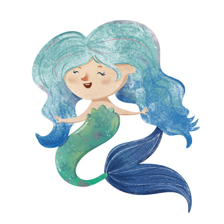Cute smiling mermaid with closed eyes, blue-green gradient hair, and green-blue tail. Hand-drawn digital watercolor illustration in a children's style. Perfect for kids' designs, prints, and nursery decor.の写真素材