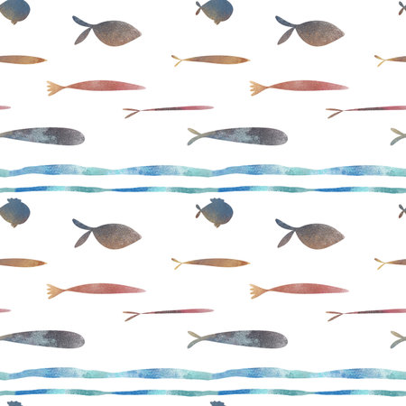 Seamless pattern and border with colorful fish in watercolor style, set against blue wavy lines. Hand-drawn digital illustration for kids decor, books, and educational materials. Cute and playful designの写真素材