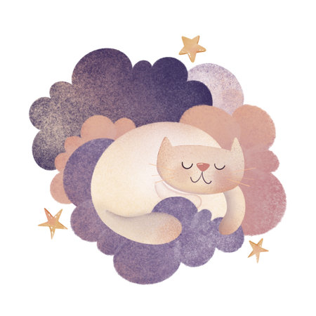 Hand-drawn digital illustration of a cute white cat sleeping on fluffy clouds with stars. Watercolor texture, ideal for children's books, nursery art, or greeting cards. Raster graphic, perfect for whimsical designs.の写真素材