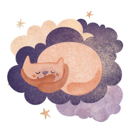 Hand-drawn digital illustration of a cute orange cat sleeping on soft clouds with stars. Watercolor texture, perfect for children's books, nursery art, or greeting cards. Raster graphic, ideal for whimsical designs.の写真素材