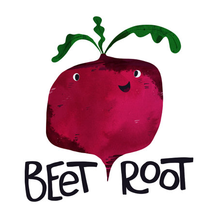 Adorable hand-drawn beet with a happy face, perfect for kids books, educational tools, or playful kitchen decor. Fun, colorful child-friendly illustration with bold textの写真素材