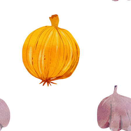 Hand-drawn onion and garlic seamless pattern in a playful childrens style. Ideal for kids books, kitchen decor, packaging, or educational projects. Vibrant yellow and purple tones with orange accentsの写真素材