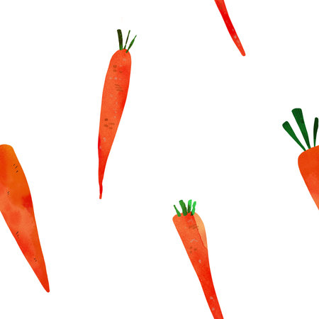 Seamless pattern of hand-drawn carrots with green stems. Perfect for kids textiles, wallpaper,...