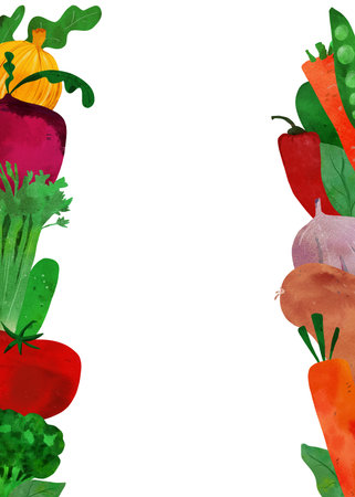 Vibrant watercolor border illustration of colorful vegetables: carrot, tomato, broccoli, pepper, beet, cucumber, onion. Perfect for childrens books, educational materials, healthy eating postersの写真素材