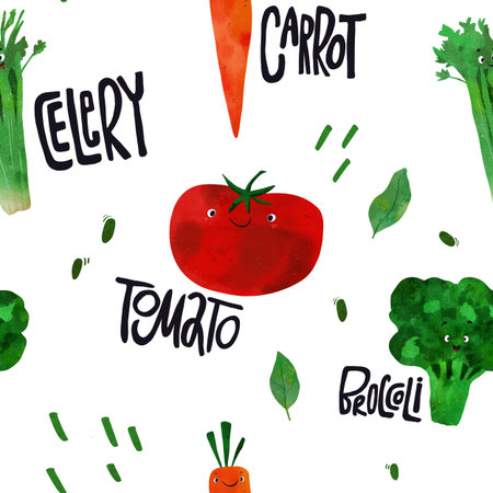Adorable hand-drawn celery, tomato, carrot seamless pattern with happy faces, perfect for kids books, educational tools, playful kitchen. colorful child-friendly illustration with hand lettering.の写真素材