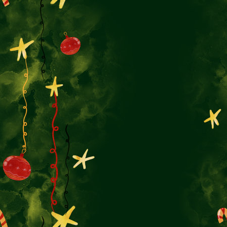 Adorable hand-drawn Christmas tree illustration. Features red ornaments and yellow stars on a green watercolor background. Perfect for holiday cards, kids' books, festive designs.の写真素材