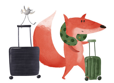 Cheerful cartoon fox struts with suitcases and cozy neck pillow, joined by a playful bird. Perfect for kids books, travel adventures, or vibrant nursery decor. Ideal for fun designs, educational talesの写真素材