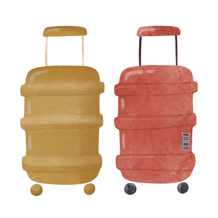 Pair of colorful suitcases in yellow and red with wheels and handles. Perfect for kids books, travel themes, or nursery decor. Ideal for playful designs or educational illustrationsの写真素材