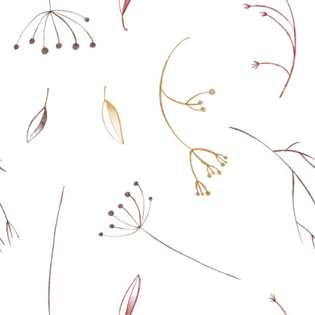 Delicate autumn floral pattern with leaves and seed heads in earthy tones. Perfect for kids books, seasonal decor, or nature designs. Ideal for fabric, wallpaper, cards, and craftsの写真素材