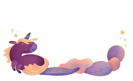 Cute unicorn on fluffy cloud in dreamy sky. Watercolor childrens illustration with stars and planets. Perfect for kids books, posters, nursery decor. Magical, whimsicalの写真素材