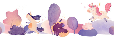 Seamless purple bush pattern with unicorns, bees and sunset glow. Cute kids watercolor repeat for fabric, wallpaper, nursery decor, planner, art for kids, perfect for stationary designs, printableの写真素材