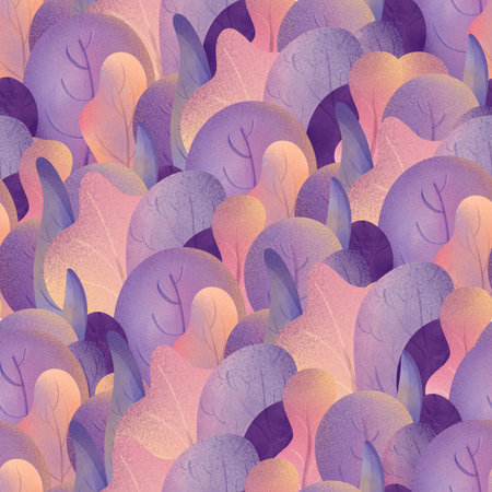 Seamless purple bush pattern with sunset glow. Cute kids watercolor repeat for fabric, wallpaper, nursery decor, planner, art for kids, perfect for stationary designs, printableの写真素材
