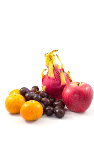 Lansium domesticum, grapes, orange, apple and Dragon fruitの写真素材