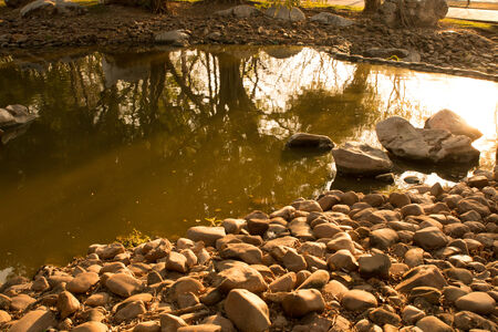 Sunset over the river in the gardenの写真素材