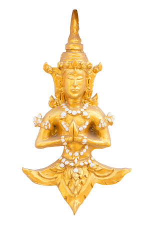 high relief golden sculpture art tradition thailand style isolated on white background decoration on wall at public temple place in thailandの写真素材