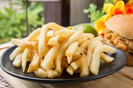 Potato and hamburger on tableの写真素材