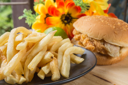 Potato and hamburger on tableの写真素材