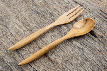 Wooden spoon on wooden tableの写真素材